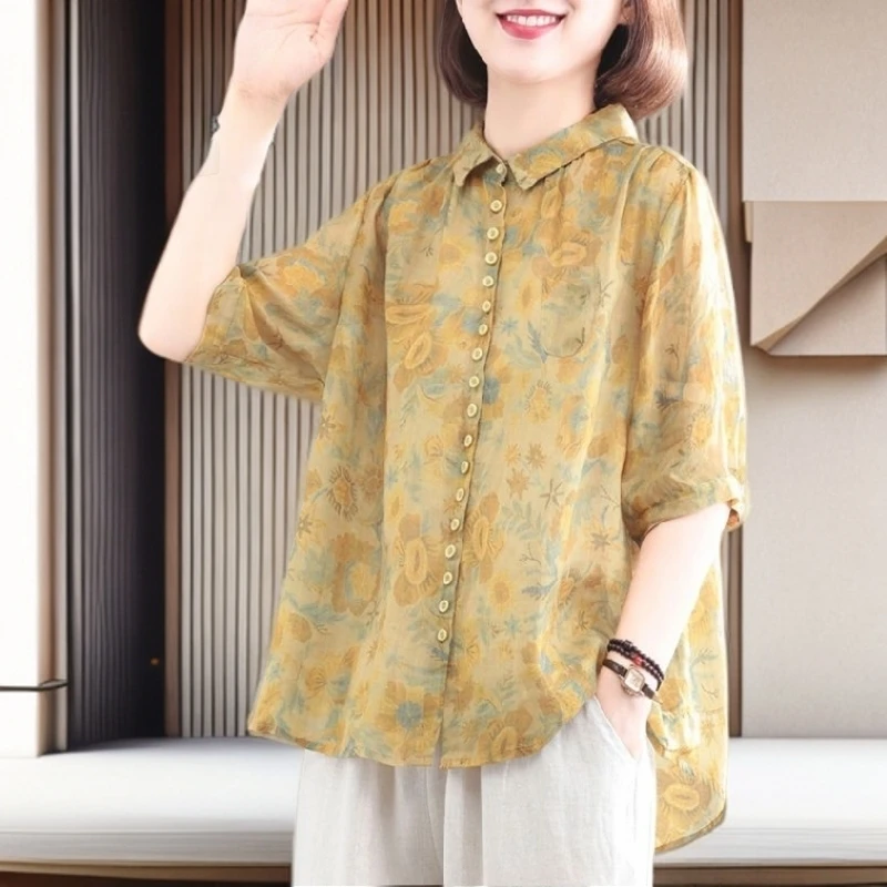 【雅岚女装】时尚洋气显瘦新款韩版大码遮肉印花复古棉麻衬衫款