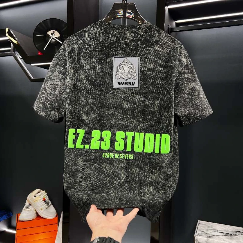 古古【276902】高奢夏季新款潮牌磨破2025T恤潮流时尚百搭男士半袖