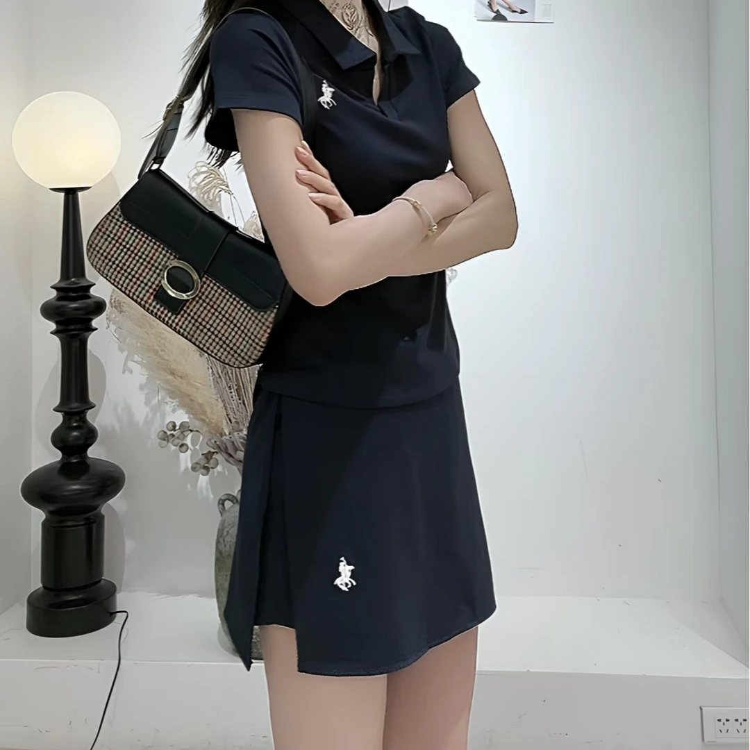 5112#夏季新款休闲显瘦运动套装polo领短袖+半身裙裤两件套