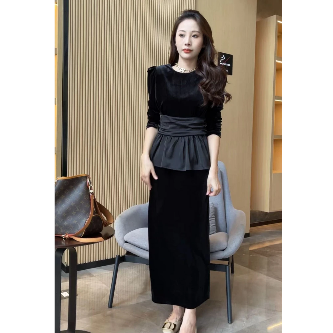 单拍高端定制女丝绒拼接裙摆上衣半身裙-0675