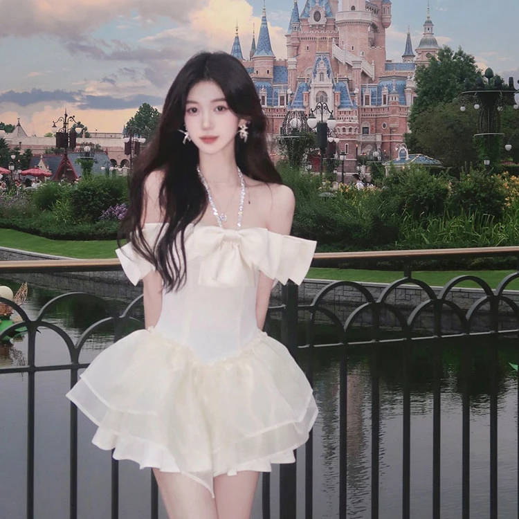 夏天韩系公主裙法式名媛重工镶钻小礼服蝴蝶结生日鱼骨蕾丝礼服裙