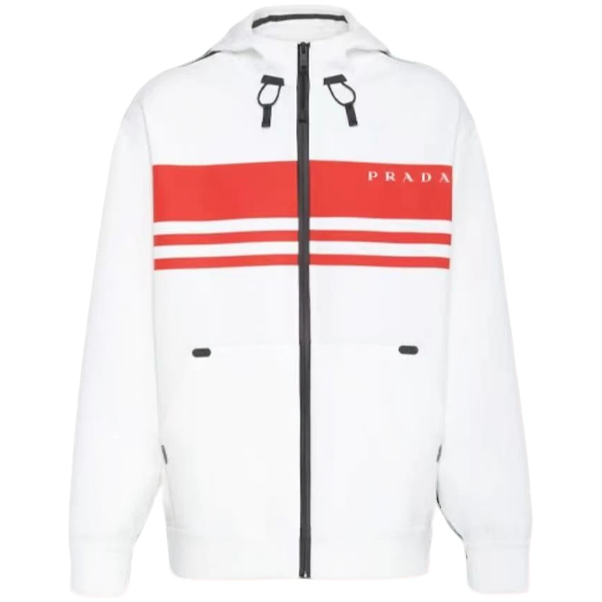 99新 Prada/普拉达 条纹Logo印花拉链连帽夹克外套 白色