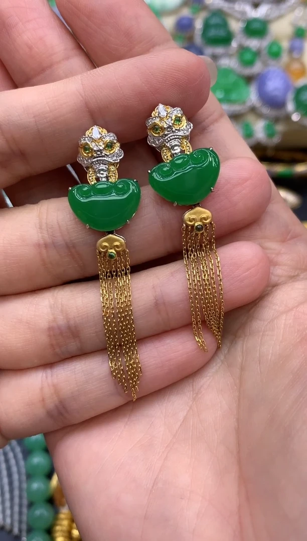 翡翠18K金镶嵌耳饰497-中国好珍宝