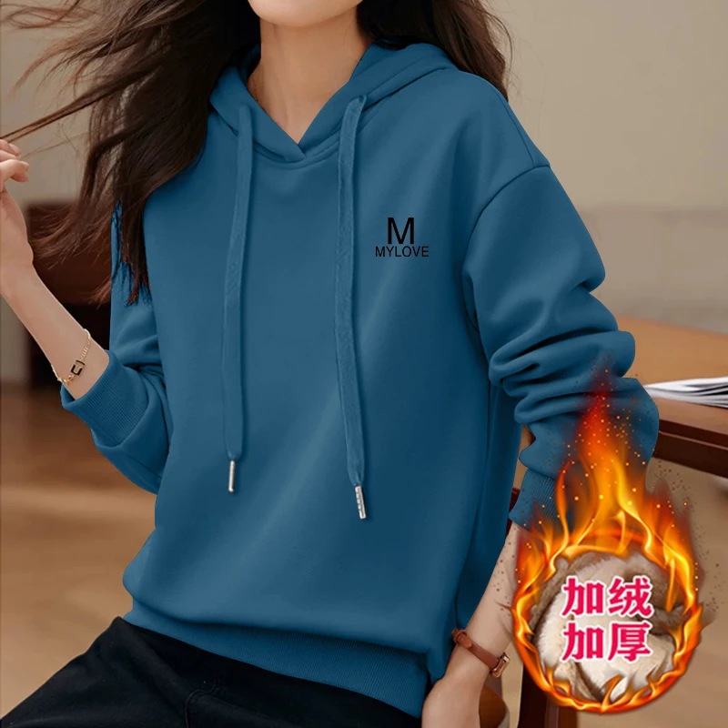 连帽加绒加厚卫衣女士2025新款时尚休闲洋气宽松显瘦秋冬外套上衣