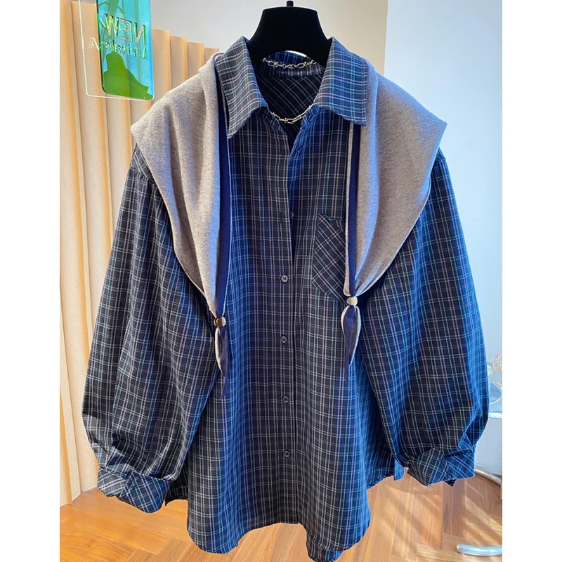 高级感复古披肩格子衬衫女2025新款宽松大版早秋氛围感穿搭上衣
