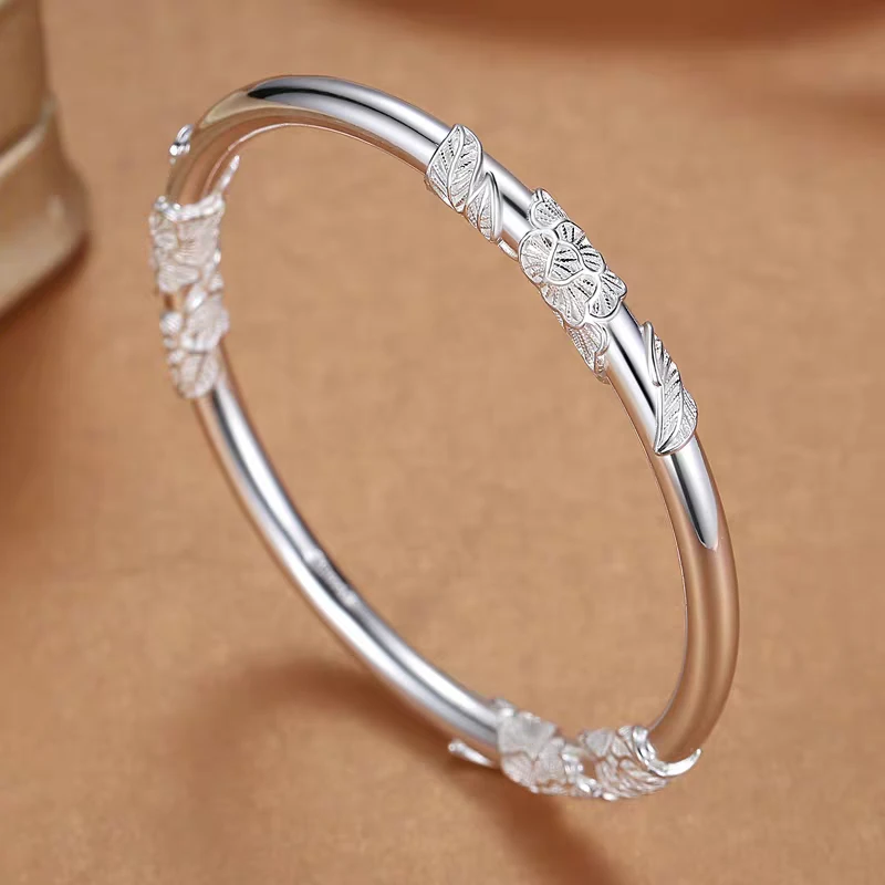 足银手镯 999.9繁花似锦闭口纯银手镯女实心足银素圈繁花镯子