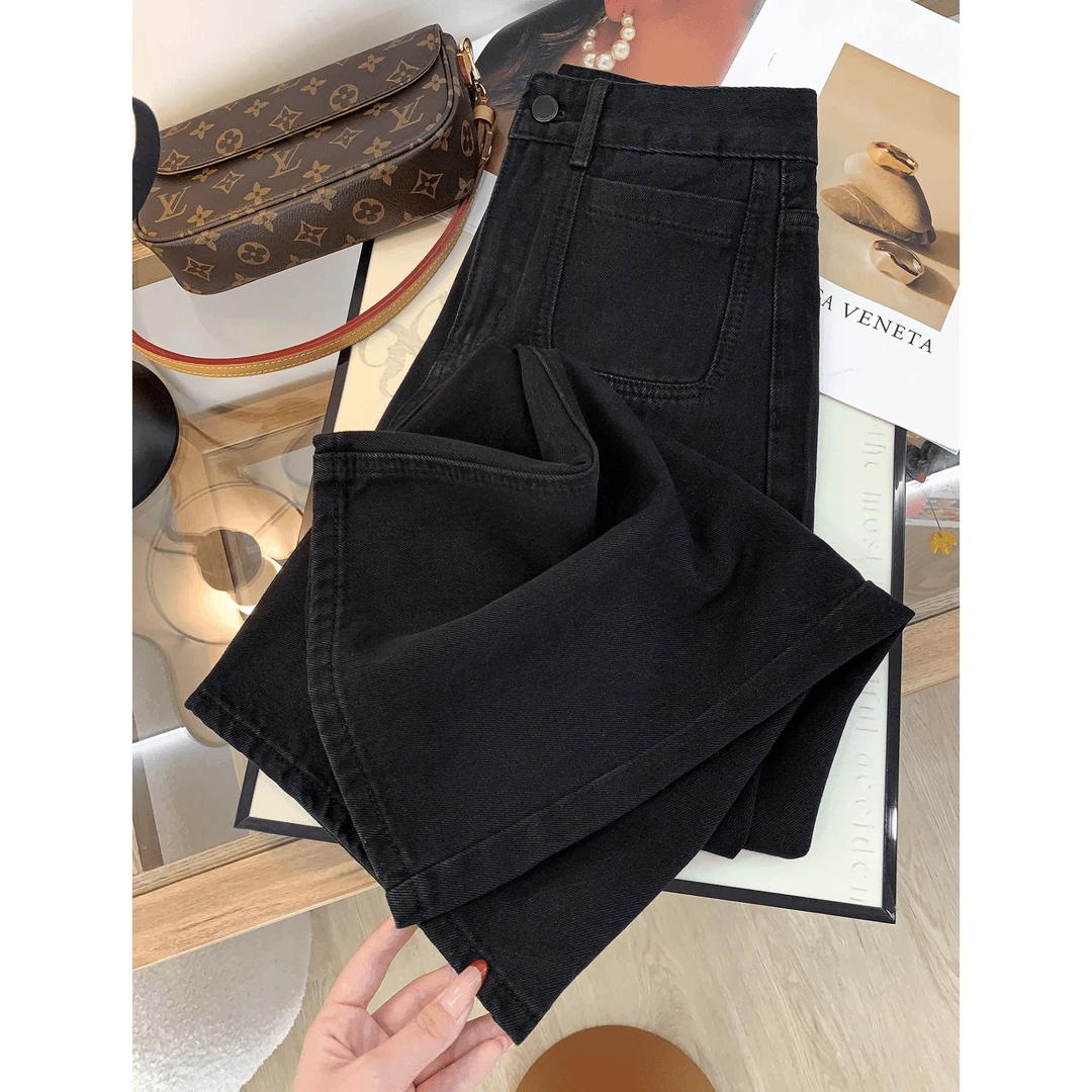 韩系简约黑色高腰宽松直筒牛仔裤女秋冬小个子梨型显瘦百搭九分裤