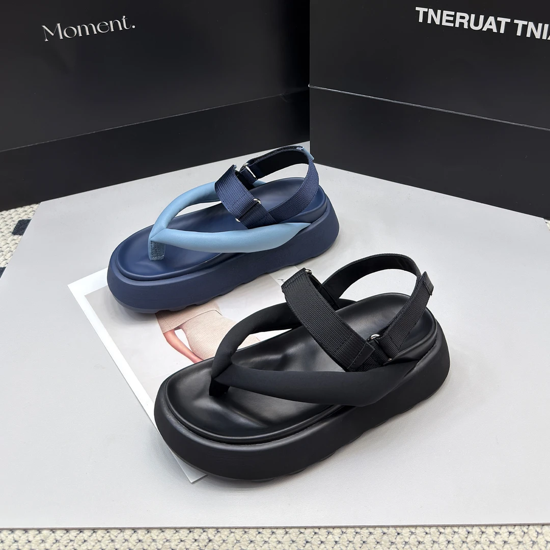 9536-2羊皮人字夹趾凉鞋女厚底增高夏季新款真皮休闲松糕罗马鞋