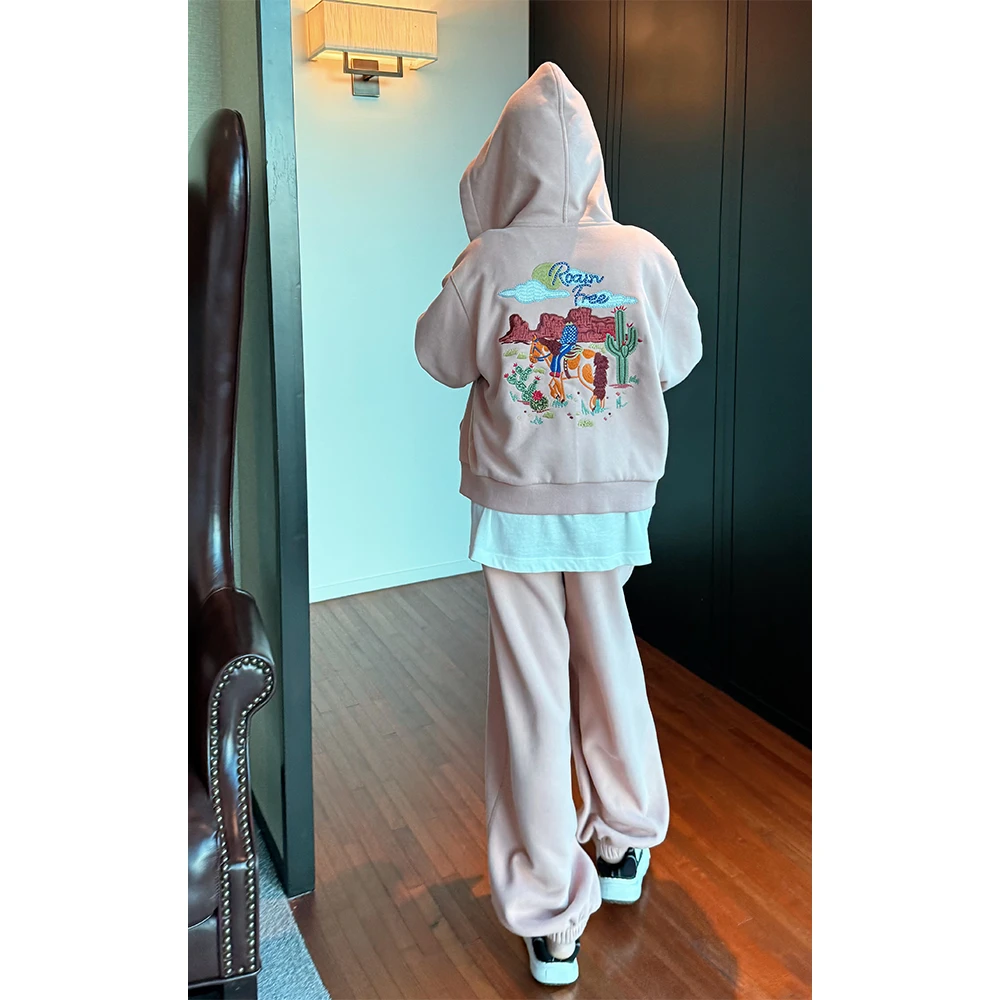 LA CALLA重工定制手工刺绣粉色套装连帽外套/裤子OY-WV7365