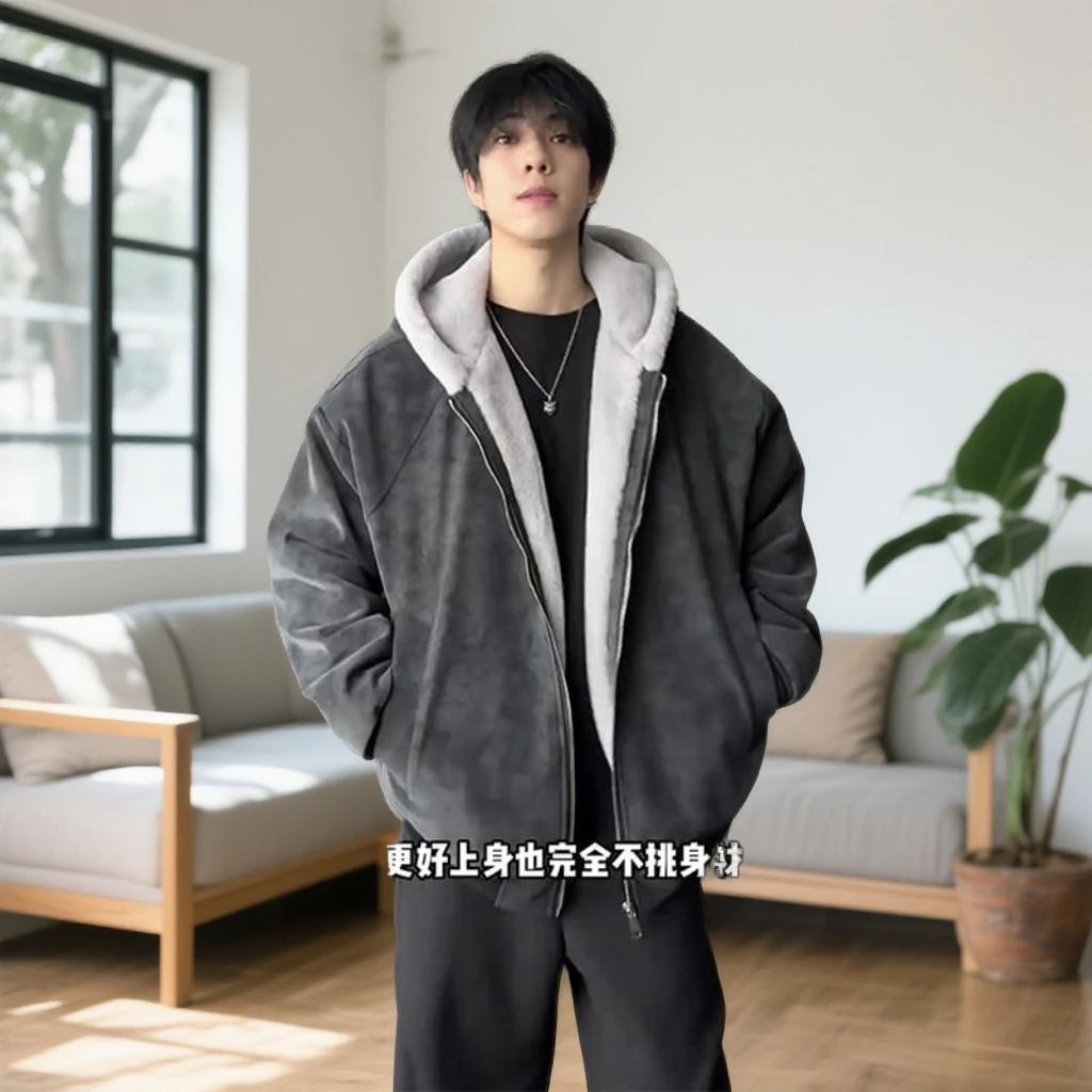 MODEK KODEK秋冬新款男士加厚皮外套2025年痞帅加绒仿水貂毛棉服