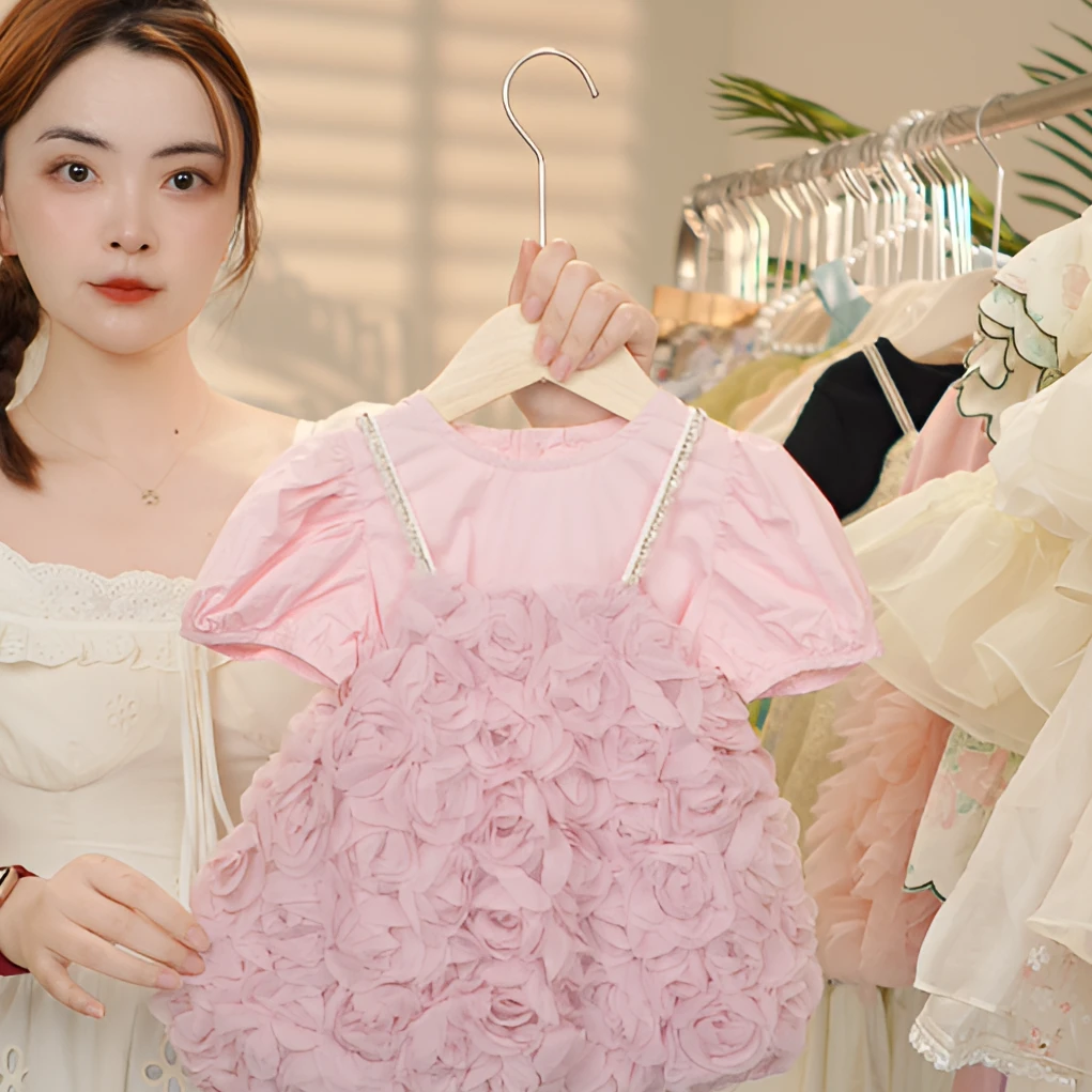 【现货】女童花朵艺术重工无袖蓬蓬裙套装2025夏款时尚洋气38126