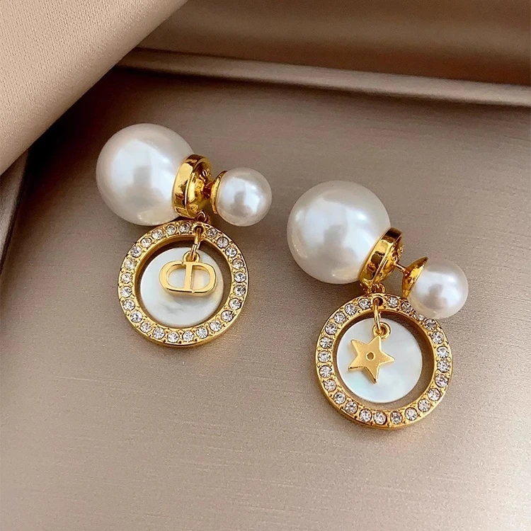 铜合金耳饰 法式气质前后珠珠耳环女精致锆石镶嵌轻奢名媛风耳钉