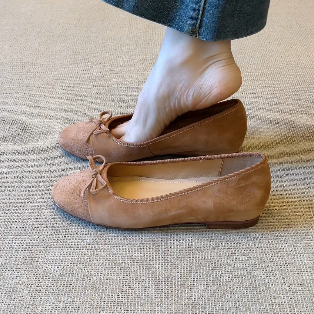 RubyL/2.5cm新款简约复古风蝴蝶结圆头浅口芭蕾风内增高单鞋女款