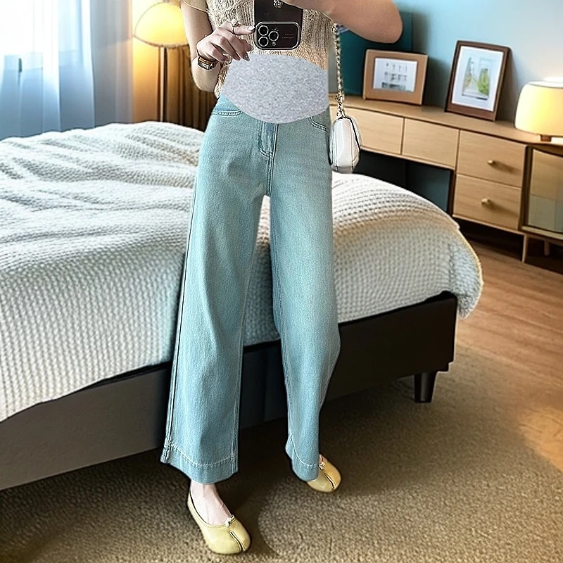 孕妇浅色阔腿牛仔裤外穿春秋秋冬加绒显瘦弹力直筒裤小个子九分裤