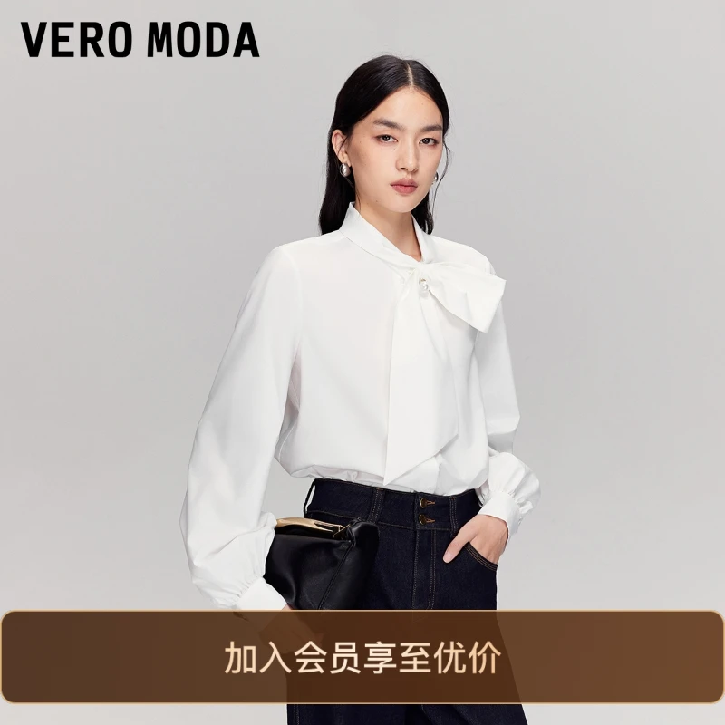Vero Moda衬衫2025秋冬新款领口飘带仿珍珠吊坠衬衫上衣时尚洋气