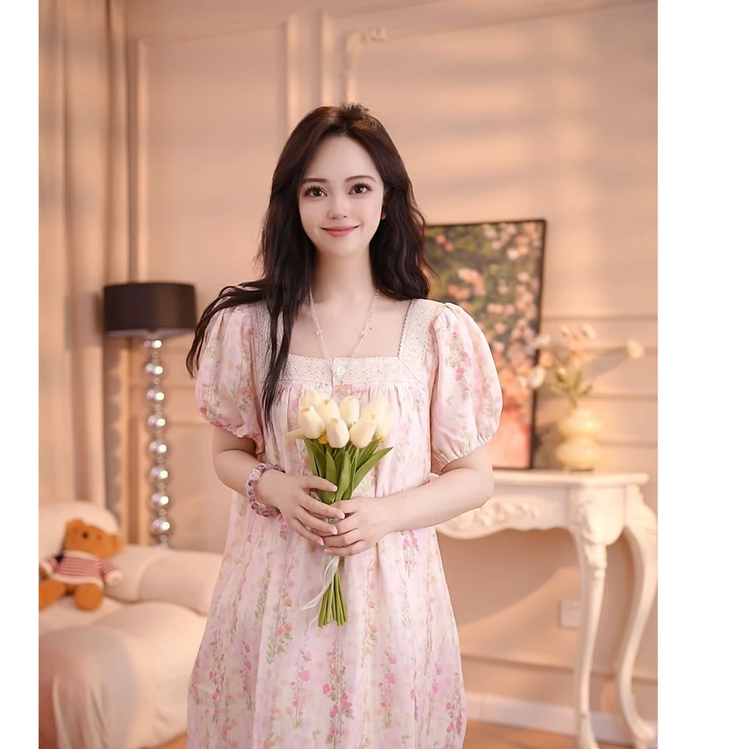 【春日】睡衣女棉裙子宽松甜美大码时尚休闲睡衣WQN