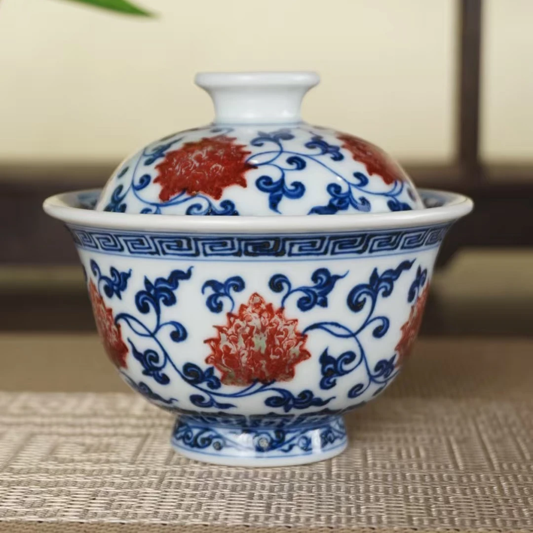 逸君堂手绘内外缠枝莲釉里红纯手工景德镇110ml柴窑两才盖碗