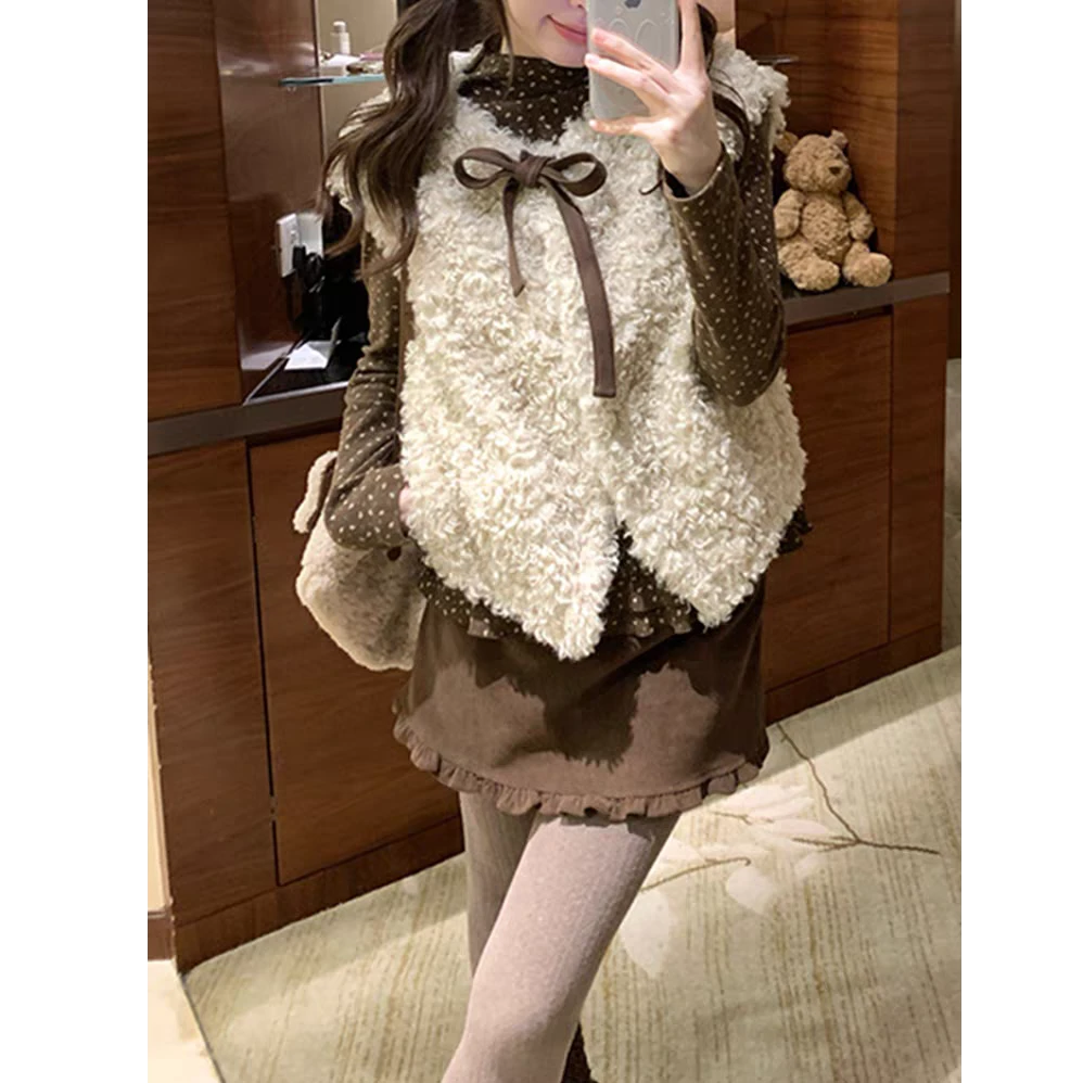 蝴蝶结撞色卷卷毛马甲外套秋冬季加厚宽松无袖坎肩马夹上衣两件套