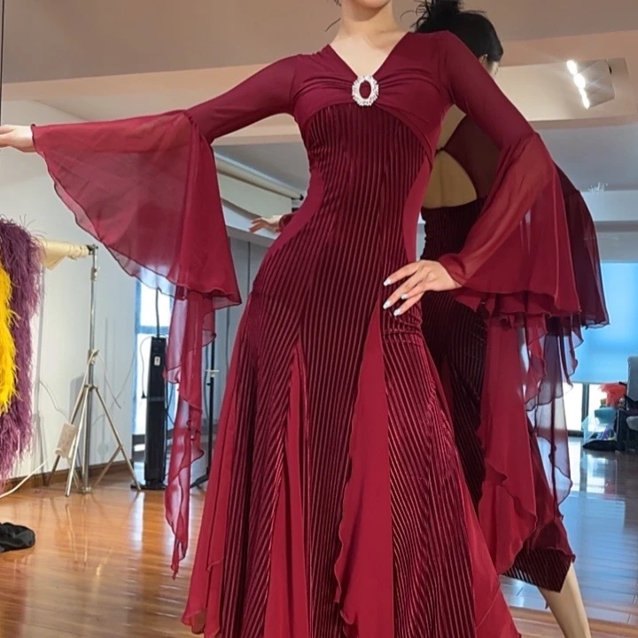 YRSS舞服♥酒红雪纺不规则裙国标摩登舞服修身雅致连体裙