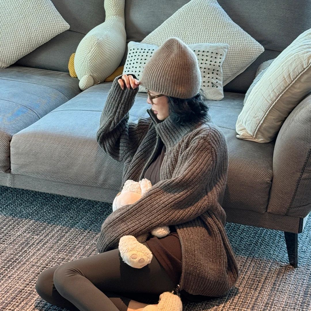 羊毛慵懒风粗针软糯双拉链立领长袖针织开衫L2792