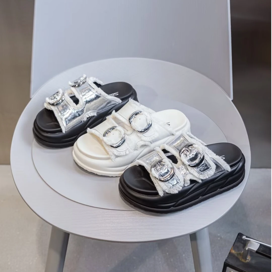 正品复古流苏一字拖鞋女2025新款时尚皮带扣休闲沙滩凉拖1219