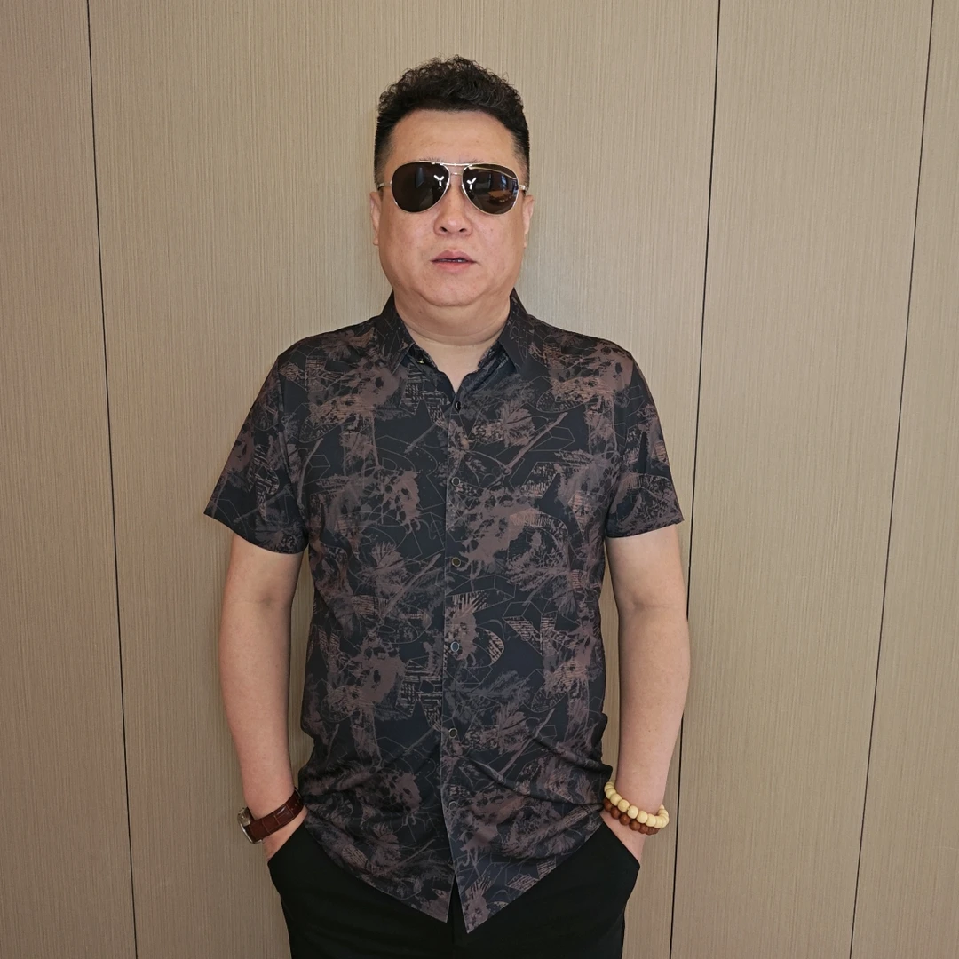 时尚翻领印花潮流修身大码男士夏季休闲男衬衫薄款衬衣大码男装TY