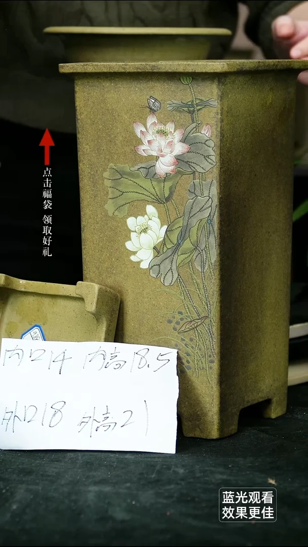 紫砂花盆龙骨青砂手绘荷花四方一个带托