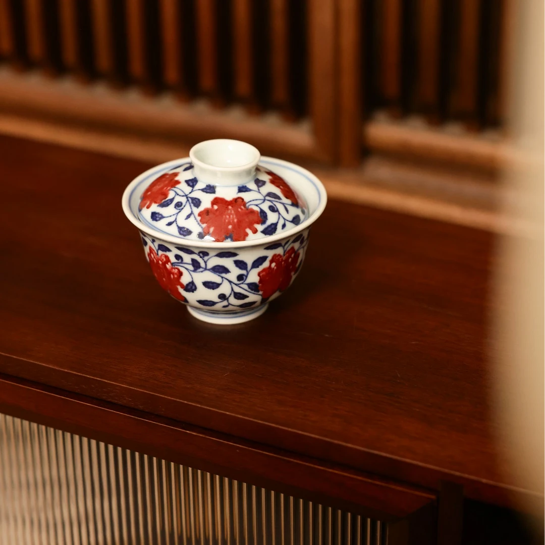 茶圈大魔王茶器景德镇纯手绘怀宣临古釉里红缠枝莲二才盖碗140cc