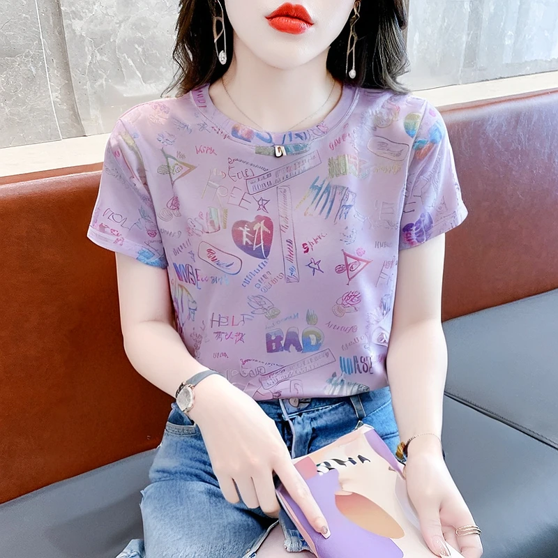 韩版设计感印花短袖T恤女圆领印花上衣夏季宽松洋气百搭休闲体恤