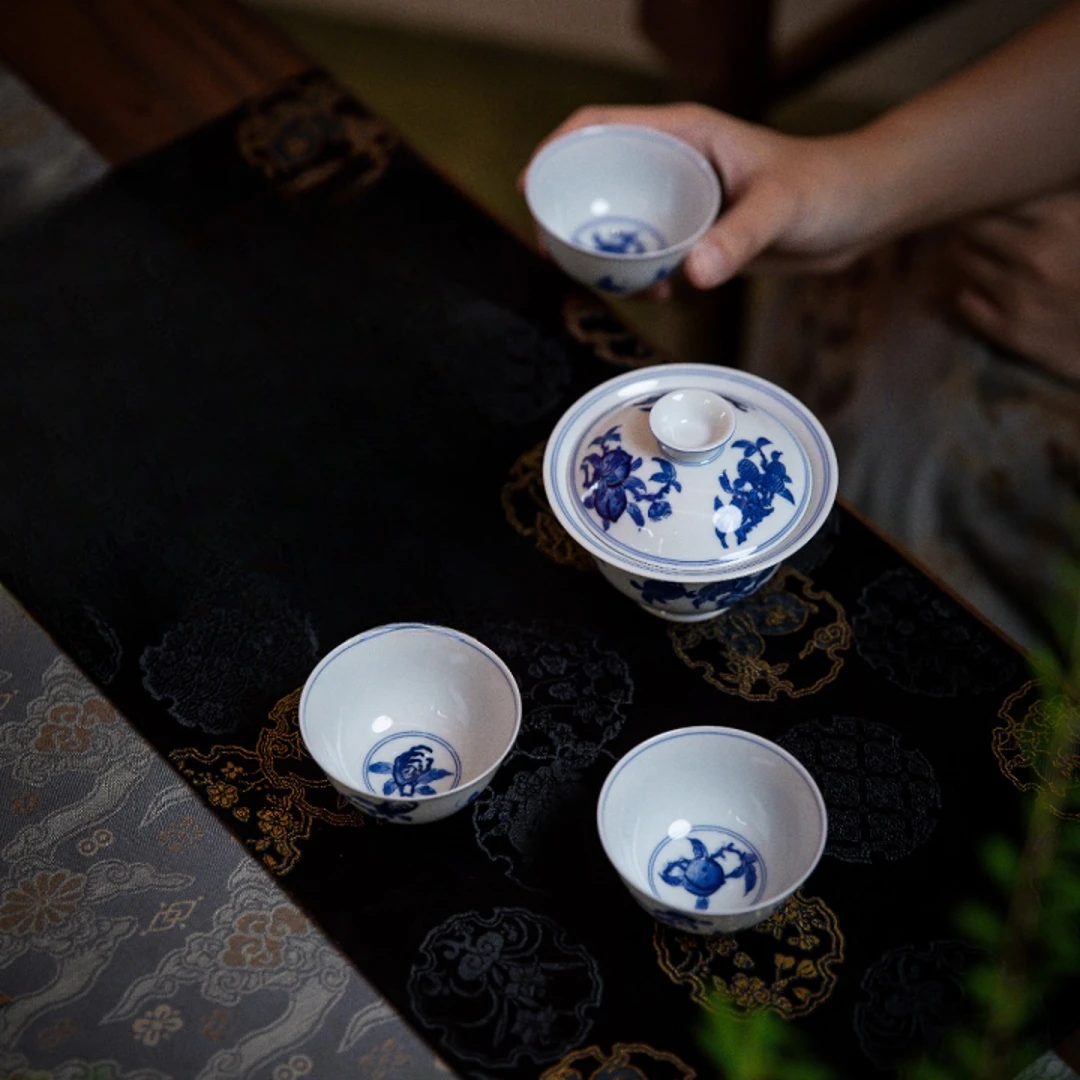 【景德詺兮】纯青花三多一盖三杯套组MX391