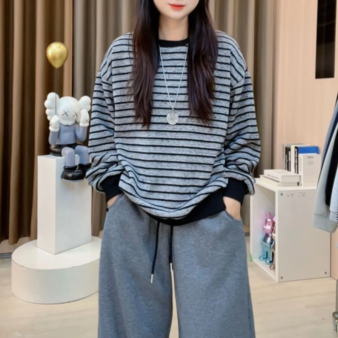 秋季新款韩版休闲宽松上衣拼接长袖条纹圆领打底衫女B236