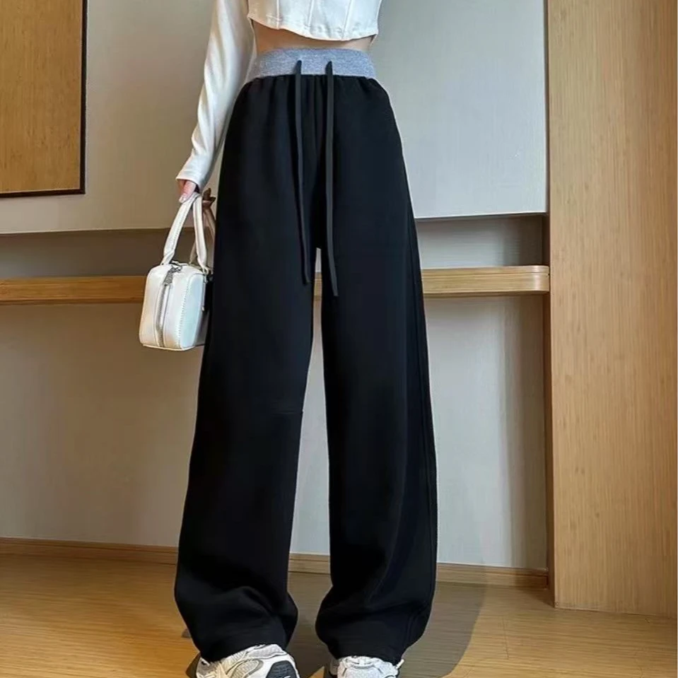 5186春季条纹休闲裤加厚高腰阔腿裤女高腰黑色春秋直筒裤宽松