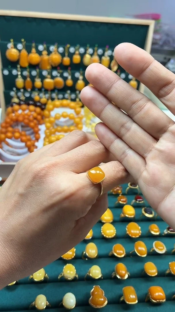 银S925镶嵌琥珀戒指蜜蜡方糖戒指