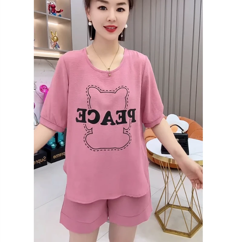 夏季新款时尚洋气显瘦气质休闲小熊印花短袖+宽松短裤两件套装女