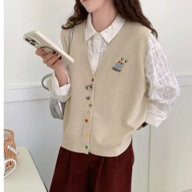 甜美针织马甲女宽松百搭早春减龄棉线毛衣坎肩小个子背心开衫