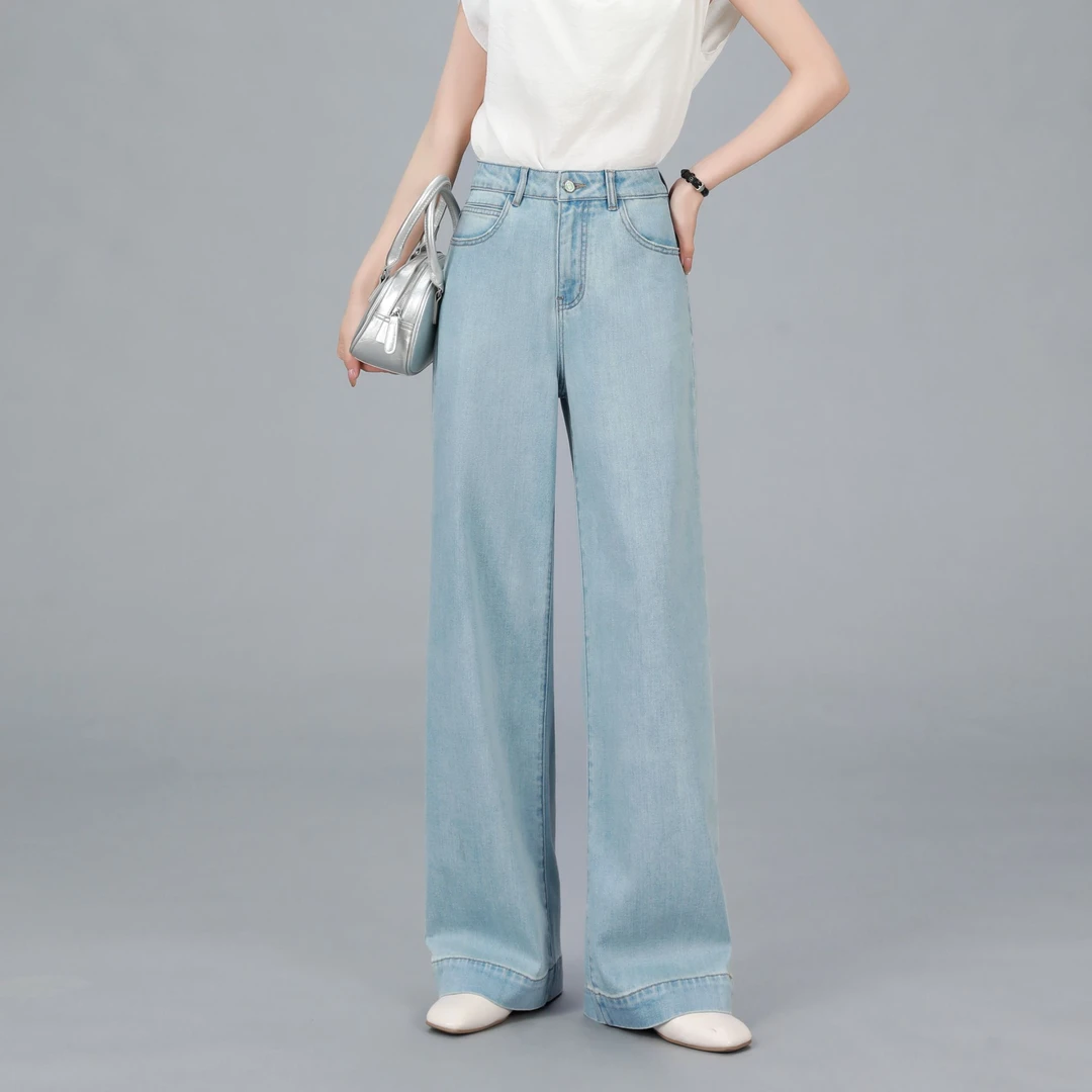 【89793】高腰浅蓝莱赛尔宽松阔腿牛仔裤女垂感汉麻拖地裤2025春夏