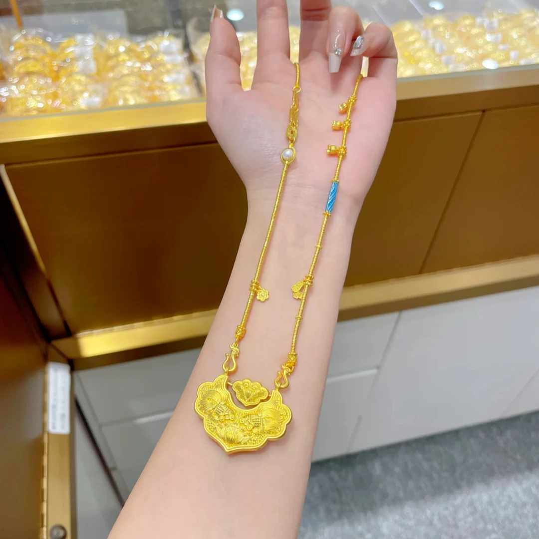 铜合金项链 新中式锦鲤如意锁包复古平安锁宫廷珍珠链双钩吊坠