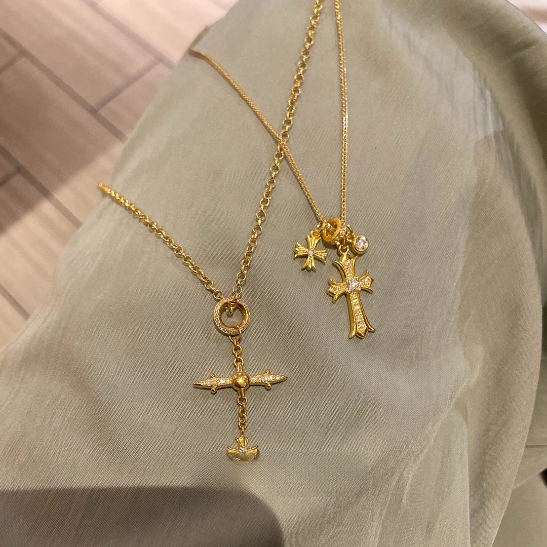铜合金项链 十字架吊坠闪复古项链小众独特设计锁骨链配饰高级感
