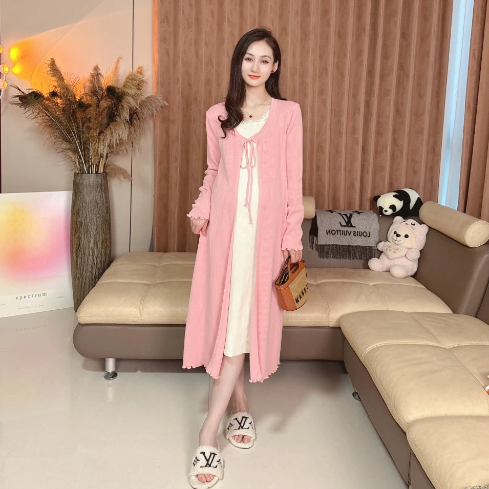 Ann&tens[塞纳花园]秋季假两件木耳蕾丝边针织撞色系孕妇连衣裙