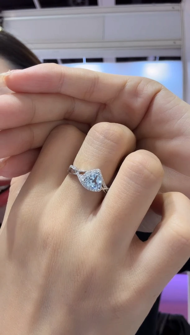 银S925镀金镶嵌戒指定制海蓝宝石三角13-17备注圈口