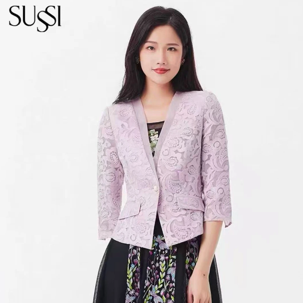 SUSSI/古色提花V领一粒扣七分袖中国风短款短外套夏装薄外套上衣