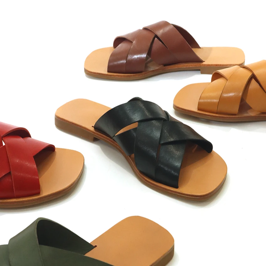 肯豆风复古手工马皮交叉凉拖简约随性平底多色马皮凉鞋XC3586-12