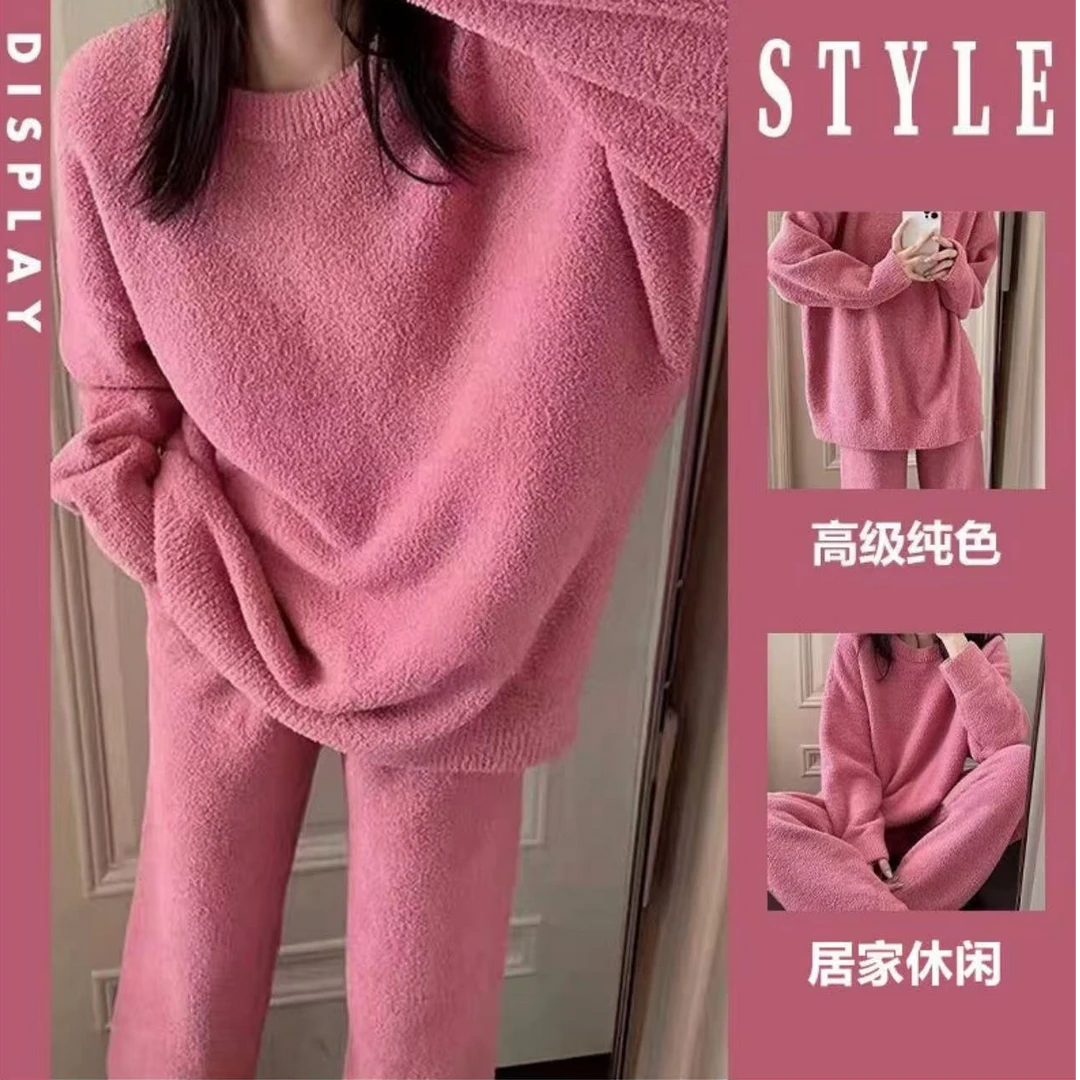 韩版高级感纯色带口袋半边绒睡衣女套装秋冬季休闲加厚保暖家居服