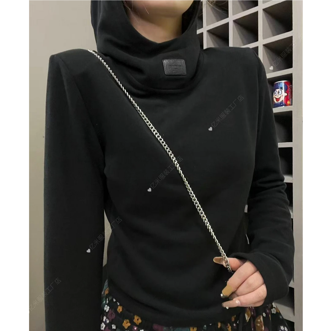 （潮九九）冬季新款德绒修身短款垫肩长袖连帽上衣