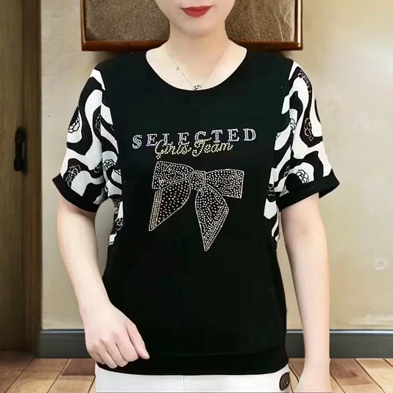【现货秒发】短袖圆领T恤运动夏季中年宽松印花遮肚洋气妈妈装大码