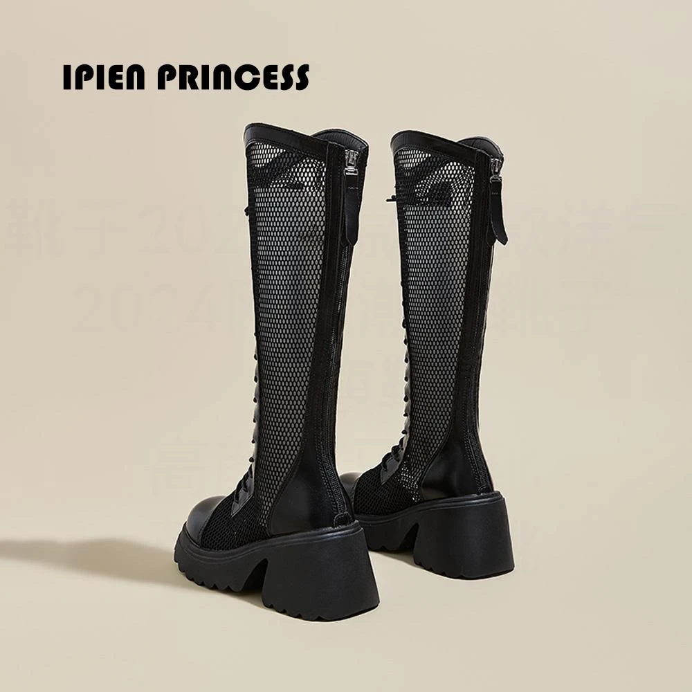 黑色英伦风长筒靴女2025新款夏季厚底增高薄款凉靴镂空透气骑士靴