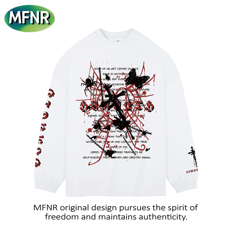 美式复古街头重磅长袖T恤男女秋季新款十字架字母印花宽松上衣潮