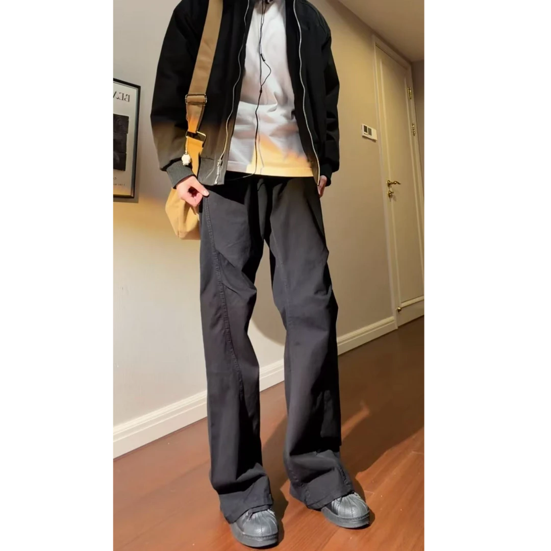 美式休闲复古纯棉褶皱牛仔裤男款cleanfit直筒半松紧斜切长裤