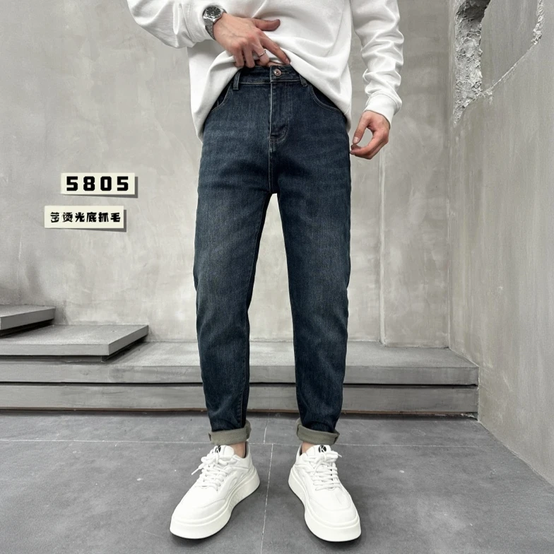 冬季新款底抓毛男水洗修身直筒小脚牛仔裤时尚百搭弹力牛仔裤5805