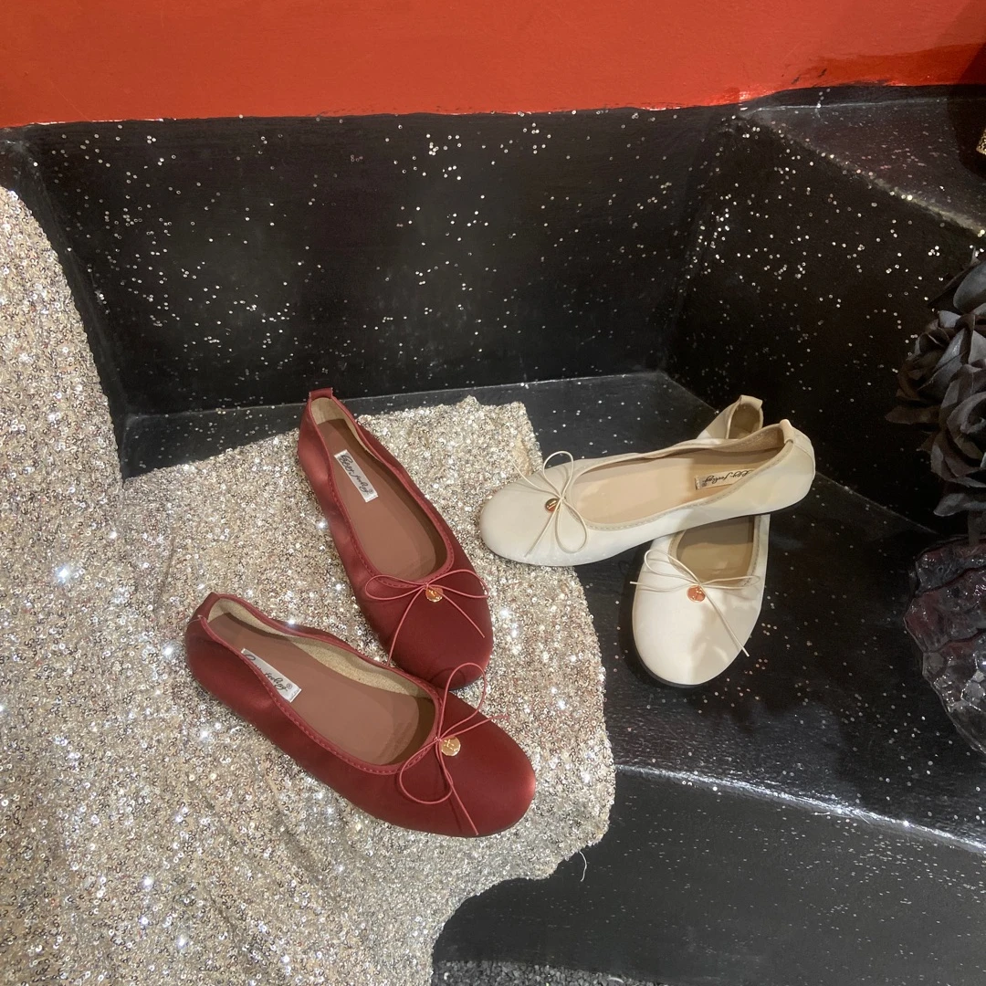 韩货法式晚风蝴蝶结单鞋软底蛋卷鞋平底奶奶鞋7730-37